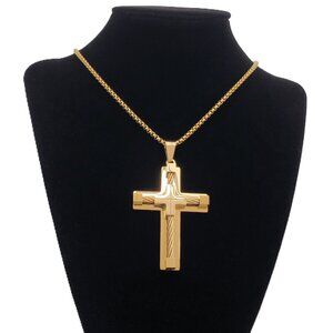 14K Gold Mens 24" Chain Link Cross Crucifix Necklace Guys Christian Jewelry